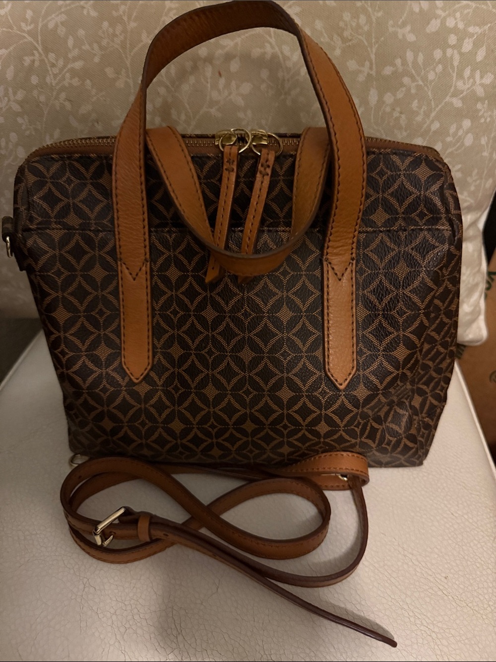 Fossil Sydney Satchel Geometric Brown Leather-Trim Satchel